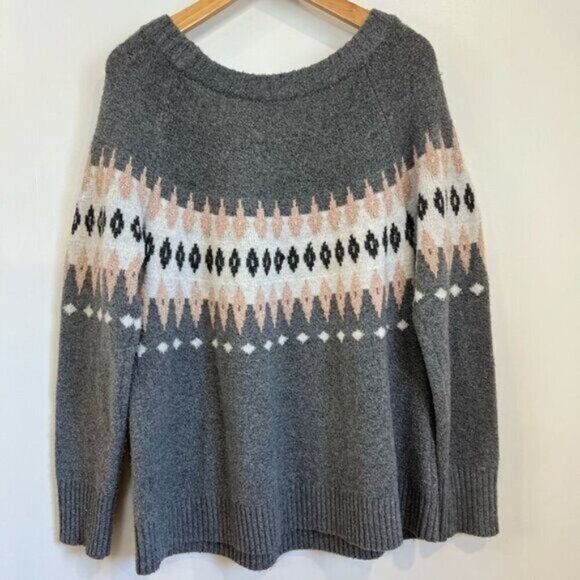 Tribal Jeans Womens Large Grey Pink Fair Isle Pullover Scoop Neck Sweater - Picture 6 of 9
